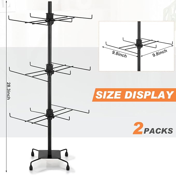 RattanView 2 Pcs Jewelry Rotating Display Stand Adjustable Metal Earrings Bracelet Display Rack Hanging Jewelry Spinning Organizer Tree with Hooks for Vendor Events Selling(3 Tier,Black)