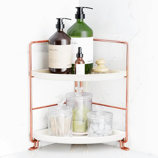 FSyueyun 2-Tier Corner Bathroom Counter Organizer, Tool-Less Installation Vanity Shelf Small Plastics Countertop Makeup Tray Skincare Perfume Organizers (Rose Gold)