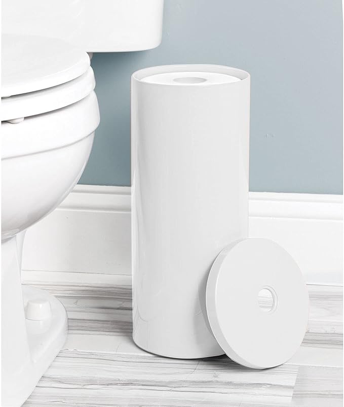 mDesign Plastic Floor Stand Toilet Paper Organizer with Cover, 3-Roll Space-Saving Tissue Storage for Bathroom - Fits Under Sink, Vanity, Shelf, in Cabinet, Corner - Aura Collection - White
