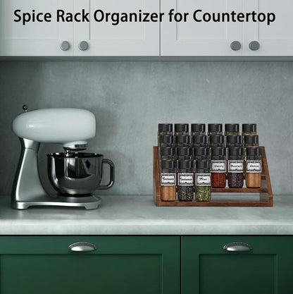 4 Step Spice Rack Organizer for Cabinet, Robust Wooden Display Riser Shelf Seasoning Organizer for Countertop Cupboard Pantry, Condiment Jar Kitchen Storage Holder Super Sturdy Stand, Rusitc Brown