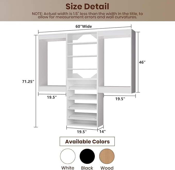ROOMTEC Modular Closet System, 60" Wall Mounted Closet Organizer with Hanging Rods and Shoe Shelf, Wooden Tower for Walk-In Closets, Wardrobe Storage Kit, White