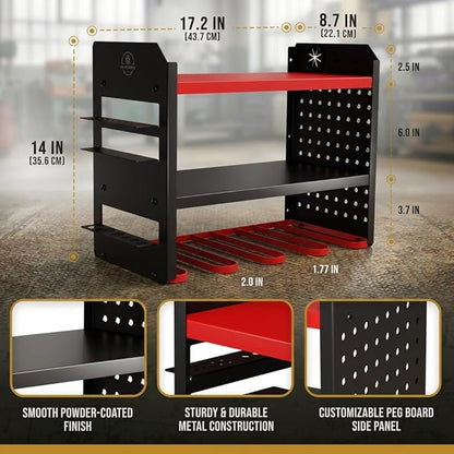 BUILTSTRONG Power Tool Organizer Wall Mount – 3-Tier Heavy-Duty Steel Rack, 4 Drill Slots, Pegboard + Utility Side, 100 lb Capacity – Garage, Workshop & Shed Storage (Red)