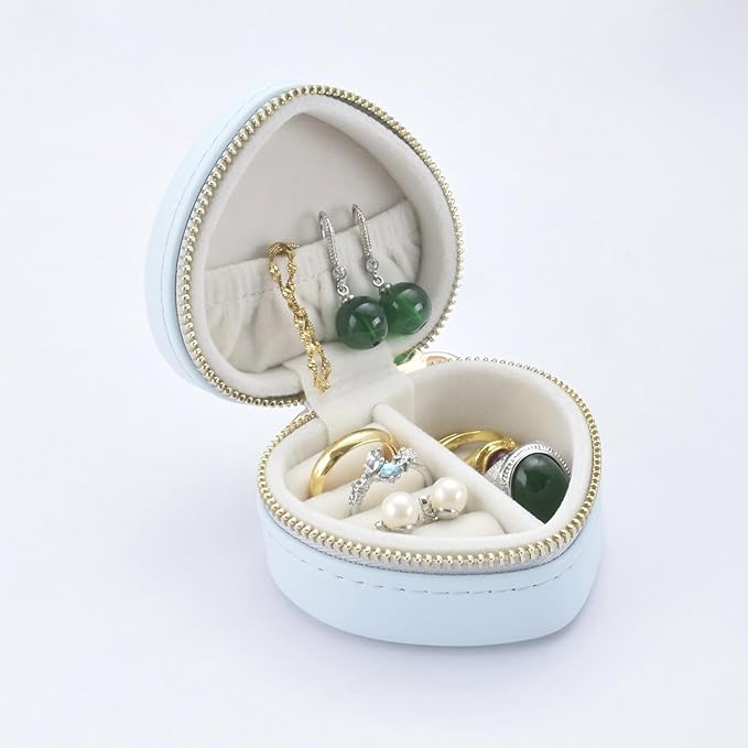 Heart Shape Ring Holder Keychain, Mini Travel Jewelry Case for Wedding Ring, Sports & Vacation, Portable Zipper Clutch Organizer for Earrings Necklace, Premium Gift for Women Girls (Blue)