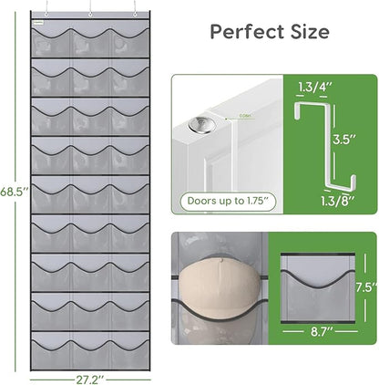 Baseball Hat Rack, 27 Pocket Over-The-Door Hat Organizer with Clear Deep Pockets to Display Baseball Caps Collection, Complete with 3 Over Door Hooks (Grey, 27 Pockets)