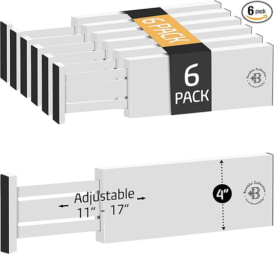 6-Pack Drawer Dividers 4 Inch High, 11”-17" Adjustable Bamboo Organizers Large Expandable Drawer Separators for Cloths, Dresser, Bedroom, Bathroom, Baby Drawer, Office & Kitchen Utensils (White)