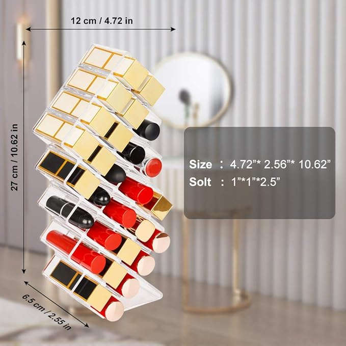 JessLab Lipstick Organizers, Acrylic Holder Lip Gloss Tower Clear Cosmetic Fish Sticks Lip Makeup Storage for Bathroom Vanity Countertop, 28 Slots