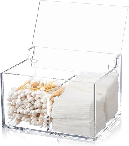 Qtip Holder Acrylic Container for Cotton Swab, Cotton Pads, Floss Picks - Restroom Containers Bathroom Essentials Accessories Decor Vanity Storage Organizer, 5.7'' x 3.7'' x 3.42''