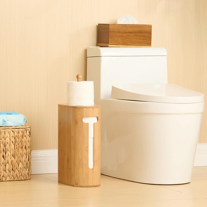 Gobam Bamboo Toilet Paper Storage with Dual-Use Lid, Freestanding Bathroom Tissue Organizer with Viewing Slot, Built-In Handle, Anti-Slip Base, Compact Toilet Paper Holder Stand for up to 6 Mega Rolls