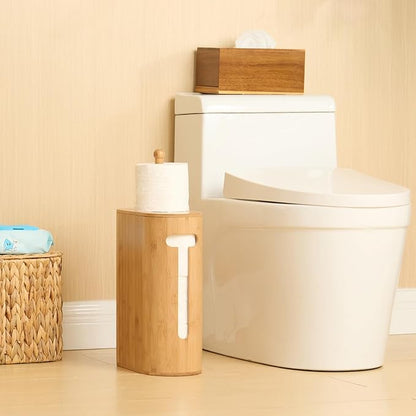 Gobam Bamboo Toilet Paper Storage with Dual-Use Lid, Freestanding Bathroom Tissue Organizer with Viewing Slot, Built-In Handle, Anti-Slip Base, Compact Toilet Paper Holder Stand for up to 6 Mega Rolls