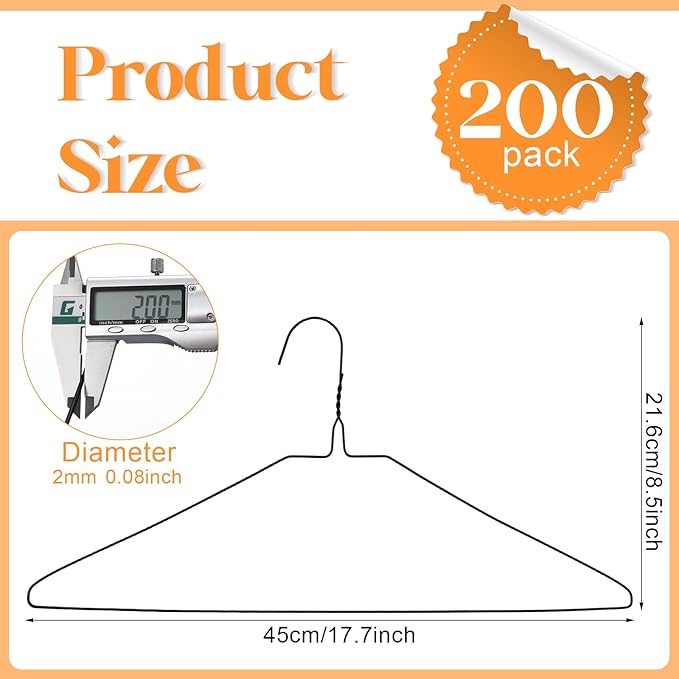 Yuntau 200 Pcs Wire Hangers Bulk 17.7" Dry Cleaner Hangers, Suit Holders for Home Caped Clothing (Black)