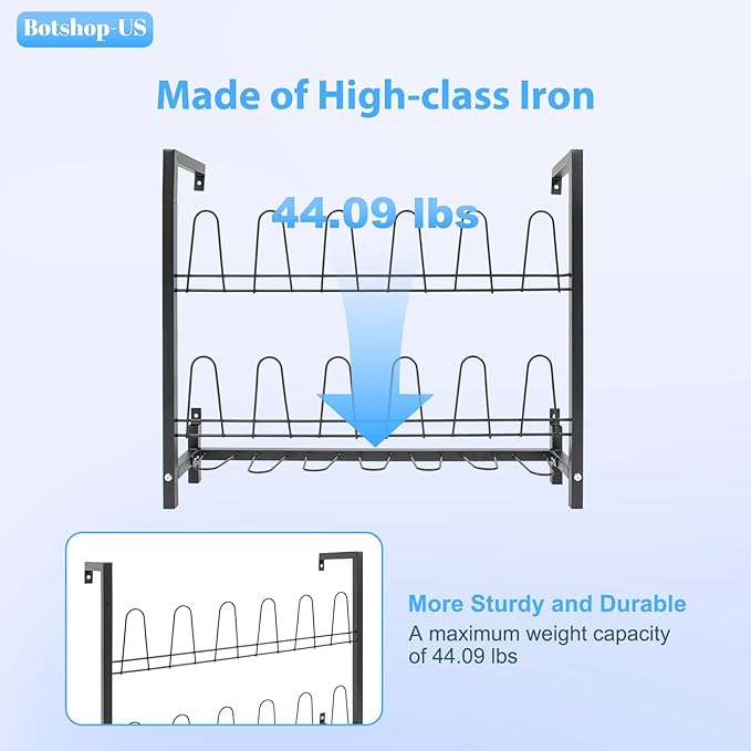 Gdrasuya10 Metal Wall Mounted Shoe Rack, 3-Tier Premium Black Metal Hanging Wall Shoe Organizer for Closet & Entryway, Door Shoe Storage Hanger Shoe Holder, Holds 9 Pairs