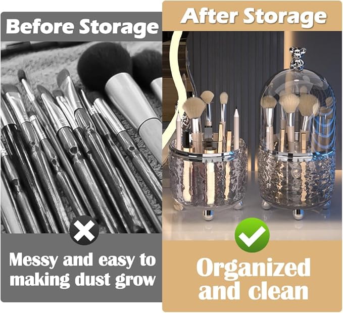 Makeup Brush Holder Organizer with Lid, 360°Rotating Dustproof Makeup Brushes Organizer, 4 Compartment Make Up Brushes Cup for Vanity Desktop Bathroom Countertop (Gray)