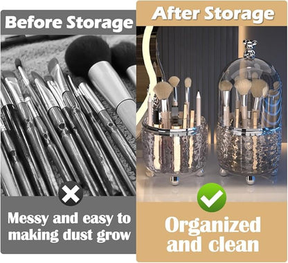 Makeup Brush Holder Organizer with Lid, 360°Rotating Dustproof Makeup Brushes Organizer, 4 Compartment Make Up Brushes Cup for Vanity Desktop Bathroom Countertop (Transparent)