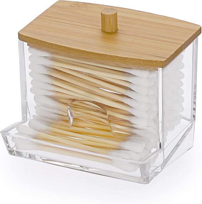 Hipiwe Acrylic Q-Tip Holder with Lid - Clear Q-Tips Dispenser Bathroom Containers Canister Cotton Swab Holder Bathroom Countertop Storage Organizer for Q-tip Cotton Swab