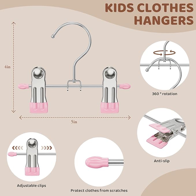 12 Pack Baby Hangers with Clips, 360°Rotatable Toddler Pant Hangers with Clips, Non-Slip Space Saving Kids Hanger for Newborn Children Clothes Skirts Boots Closet Organizers, Pink