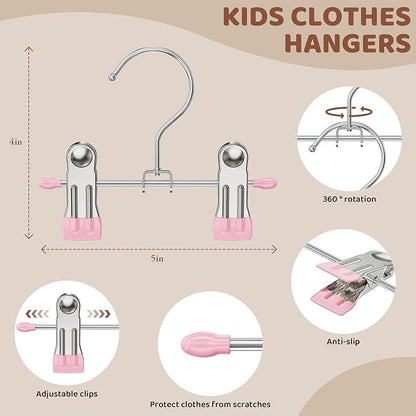 12 Pack Baby Hangers with Clips, 360°Rotatable Toddler Pant Hangers with Clips, Non-Slip Space Saving Kids Hanger for Newborn Children Clothes Skirts Boots Closet Organizers, Pink