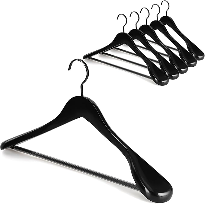 TOPIA HANGER Black Wooden Coat Hanger 6 Pack, Wide Shoulder Wood Suit Hangers with Extra-Thick Flat Hooks & Anti-Slip Pants Bar, Heavy Duty Clothes Hangers,Glossy Finish, Black-CT02H