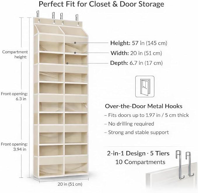 Over the Door Shoe Organizer, Hanging Closet Organizer with Deep Pockets, 900D Oxford Fabric, Heavy-Duty Hooks, Space Saving Storage for Shoes, Bags, Accessories – Gray, 15 Pockets