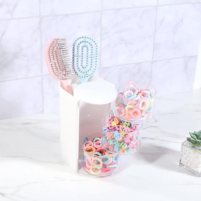 DASITON 3-Layer Makeup Brush Holder with Hair Accessories Organizer, Rotatable Desktop Organizer Case for Hair Clip, Makeup Sponge, Jewelry and Hair Accessories, Hair Brush Holder for Vanity (White)