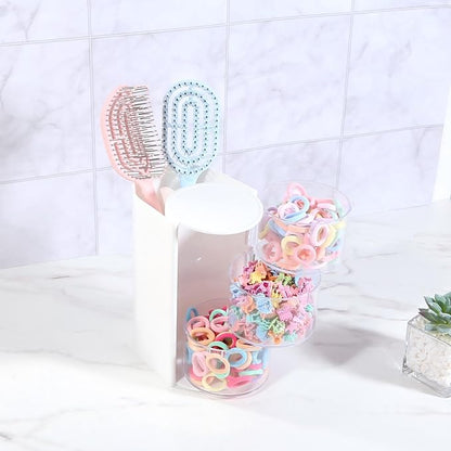 DASITON 3-Layer Makeup Brush Holder with Hair Accessories Organizer, Rotatable Desktop Organizer Case for Hair Clip, Makeup Sponge, Jewelry and Hair Accessories, Hair Brush Holder for Vanity (White)