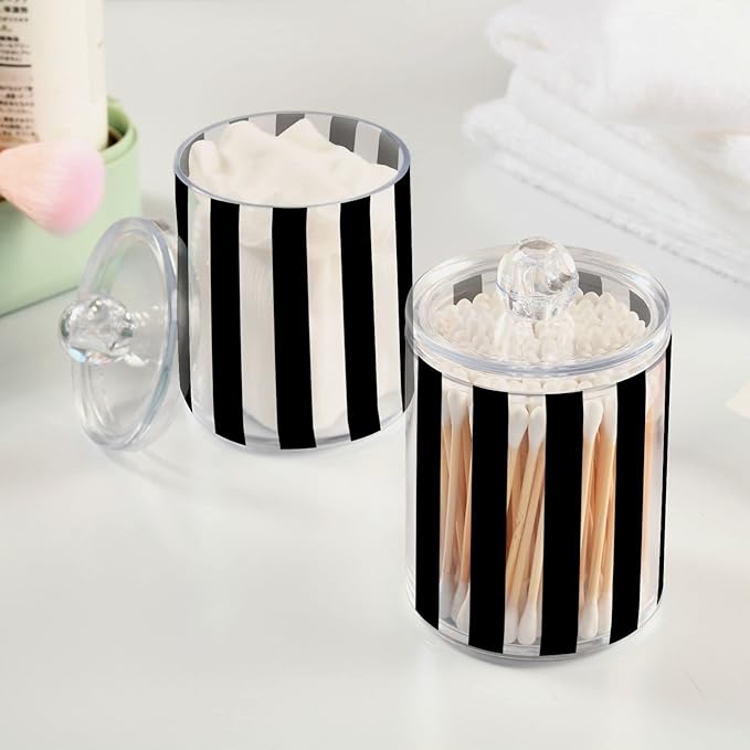 4 Pack Qtip Dispenser Apothecary Jars Bathroom Organizer, White and Black Striped Qtip Holder Storage Canister Plastic Acrylic Jar for Cotton Ball/Swab/Rounds