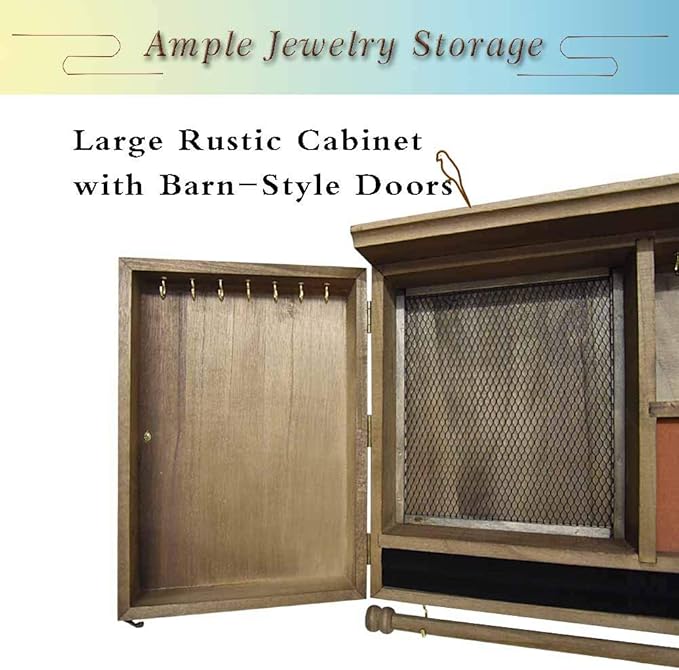 Rustic Wall Mounted Jewelry Organizer,Vintage Wooden Hanging Jewelry Holder Box with Barndoor Decor for Necklaces, Earings, Bracelets, Rings, Accessories. Includes Hook Organizer