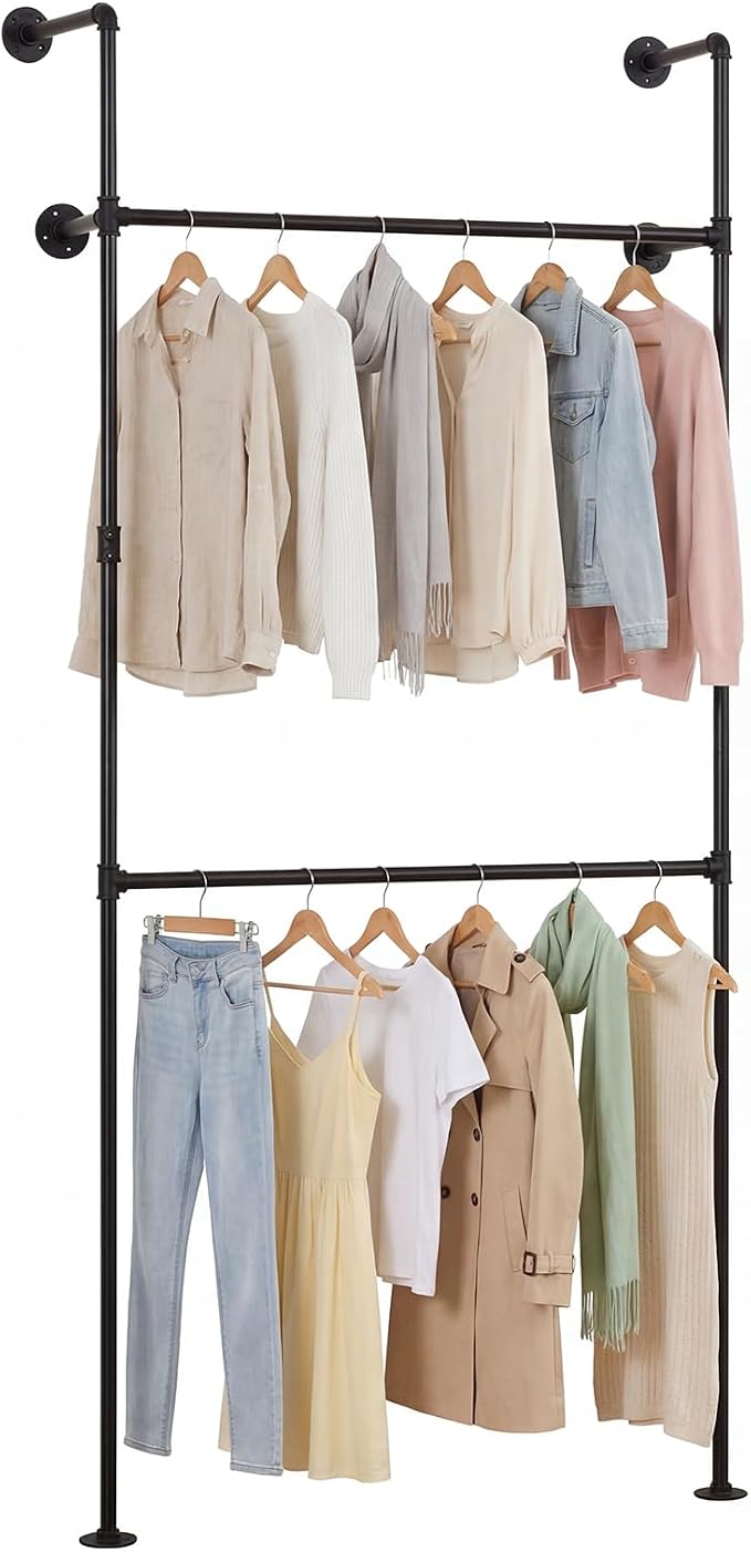 Giantex Industrial Pipe Clothing Rack, 42" Wall Mounted Heavy-Duty Metal Garment Organizer with 2 Hanging Rods, 2-Tier Walk-in Closet System for Wardrobe Closet, Retail Display