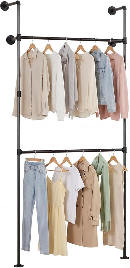 Giantex Industrial Pipe Clothing Rack, 42" Wall Mounted Heavy-Duty Metal Garment Organizer with 2 Hanging Rods, 2-Tier Walk-in Closet System for Wardrobe Closet, Retail Display