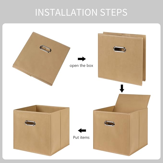 Black Fabric Cubby Storage Bins,13x13x13 Inches ,Cube Organizer Bin Foldable Storage Boxes with Dual Handles Fabric Organizer Box and collapsible Storage basket,Set of 3 ,Khaki