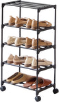 5-Tier Small Shoe Rack with Wheels, Slide-Out Metal Shoe Racks Storage, Anti-Rust Coating, Stackable Design - 16.9W for Entryway, Kitchen, Living Room & Office - Black
