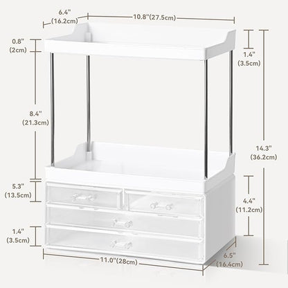 Bathroom Organizers and Storage, 5-Tier 4-Drawer Makeup Organizer Countertop, Multi-Purpose Large Makeup Vanity Organizer, Hair Product, Perfume & Skincare Storage, White