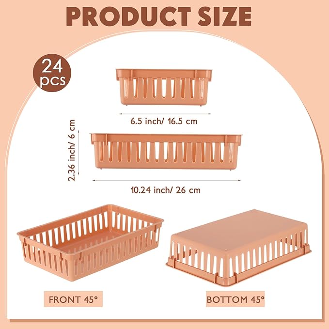 Wenqik 24 Pcs Plastic Storage Baskets for Classroom Organizing Small Pantry Storage Bins Rectangular Tray for School Household Toys Classroom Bedrooms, Kitchens Countertops (Brown)