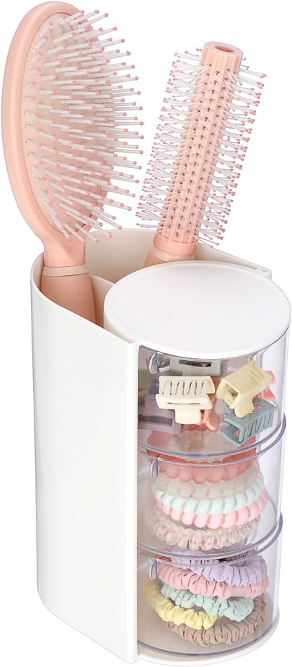 Rotating Hair Accessories Organizer with Comb Holder Plastic Hair Clips Storage Container Cosmetic Storage Box for Makeup Sponge Brush, 3-Layer White