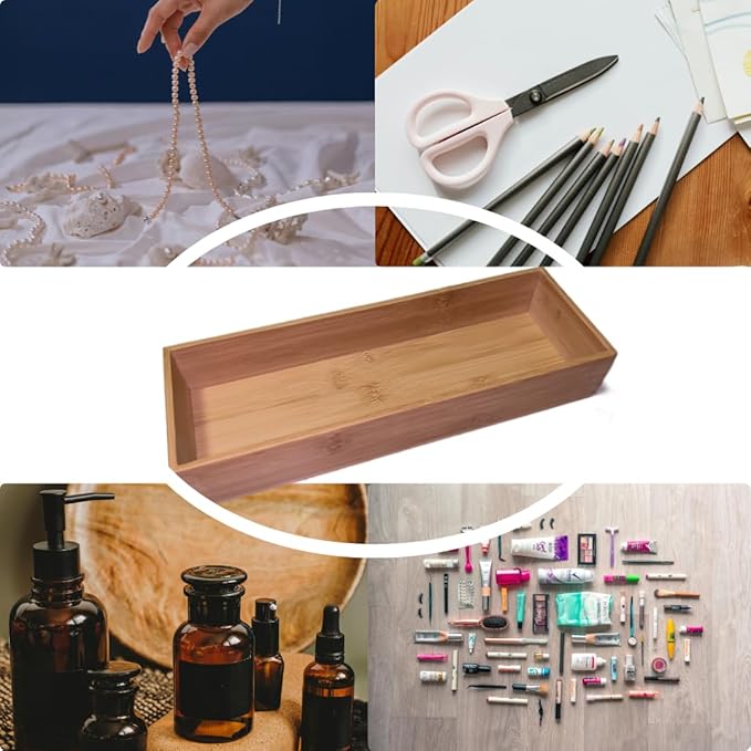 Bamboo Drawer Organizer, 12"x4"x2" Silverware & Cutlery Tray for Kitchen, Multi-Purpose Storage Box for Dresser Makeup Tools, Office Desk Supplies & Accessories