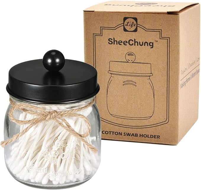 SheeChung Small Mason Jar, Glass Qtip Holder, Apothecary Jars with Lids, Bathroom Organizers and Storage, Bathroom Canister for Q-tips, Cottons, Floss, Balls, Cotton Swabs, Farmhouse Decor-Black