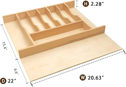 Silverware Drawer Organizer - Trim-to-Fit with Adjustable Dividers for Kitchen Utensil Storage, Beech Wood Frame with 11 Sizes (20.63" W x 22" D)