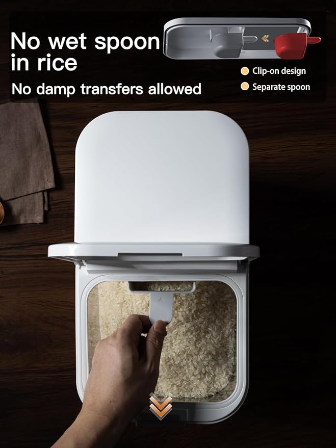 LivLab Mker 20-25 lbs Rice Dispenser with measuring spoon - 11.4Qt/12L Large Airtight Food Storage Rice Container for Cereal, Flour - BPA-Free PET, Slim Space-Saving