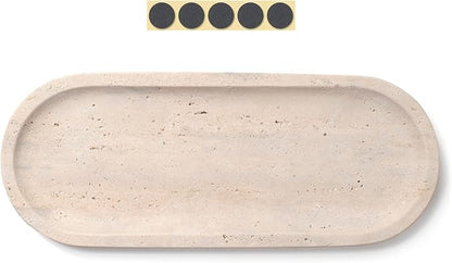 Oval Travertine Stone Tray for Jewelry, Candles, Perfume, Decorative Marble Bathroom Tray for Countertop Organizer 9.8inch x 3.9inch x 0.7inch