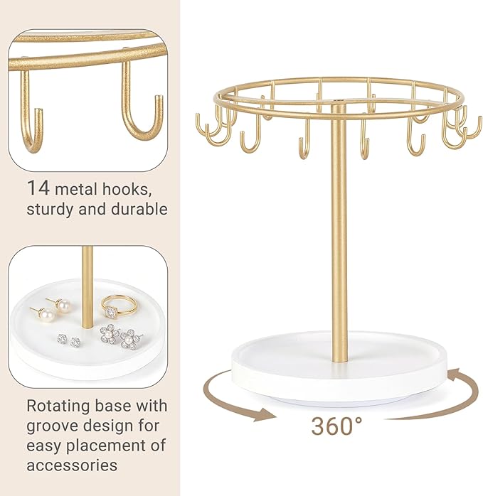 Dahey 360 Degree Rotating Claw Clip Organizer, Metal Hair Clip Holder with Wood Base and 14 Hooks Storage Display Hair Accessories Bracelets Keychains Jewelry for Girls Women Bedroom Dorm Vanity Decor