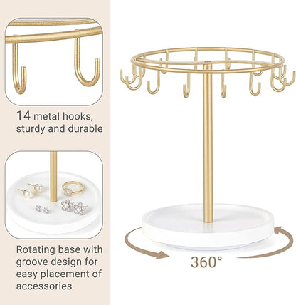 Dahey 360 Degree Rotating Claw Clip Organizer, Metal Hair Clip Holder with Wood Base and 14 Hooks Storage Display Hair Accessories Bracelets Keychains Jewelry for Girls Women Bedroom Dorm Vanity Decor