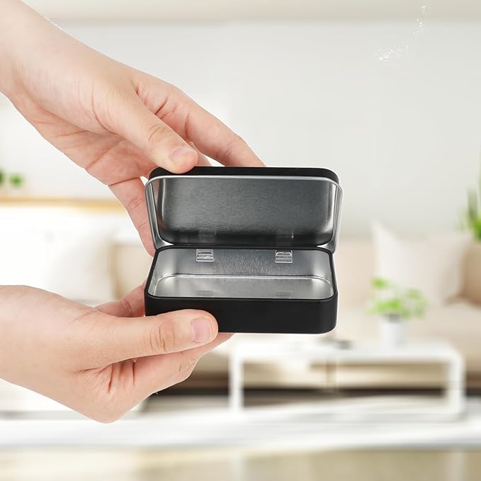 Metal Tins with Lids, Black Small Rectangular Hinged Box Container Portable Storage Case Organizer for Home Jewelry, Cosmetic Tools, Gifts Wrapping, Small Items
