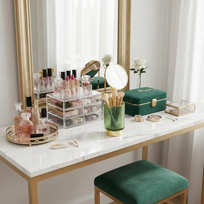 Glass Makeup Brush Holder, Green Makeup Brush Holder for Vanity, Toothbrush Holders for Bathrooms, Desktop Makeup Organizer for Cosmetic, Brushes, Pen, Pencil