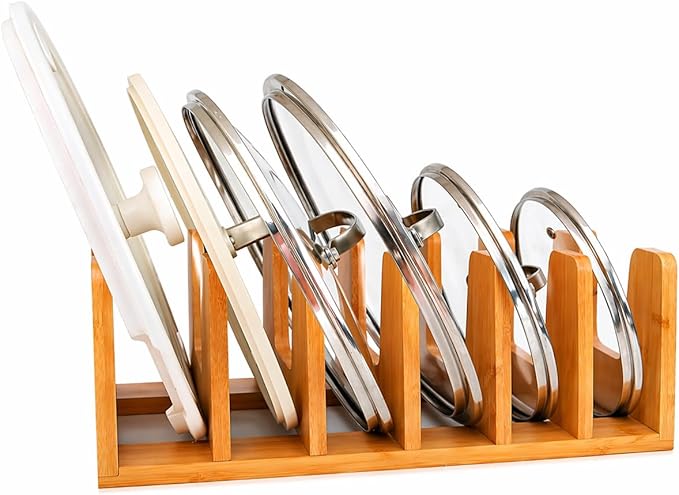 Piporea Natural Bamboo kitchen cabinet organizer – Multiuse lid organizers inside cabinet for cookware, bakeware & cutting boards – Durable pot and pan organizer for under cabinet