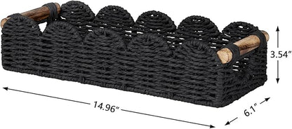 CubesLand Bathroom Basket Organizer w/Cut Out Handle, Back of Toilet Paper Storage Baskets Tray for Bathroom Countertop Decorative, Scalloped Wicker Basket Also for Home Decor, Living Room, Black