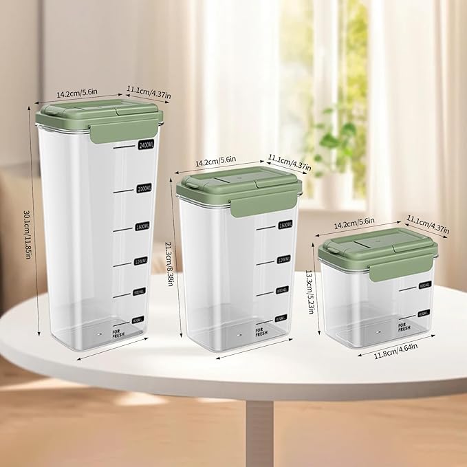 3-Piece Airtight Storage Set - 1200ml+2000ml+2800ml with Handheld Design, BPA-Free Food-Grade, Stackable Organizers for Flour, Grains, Oats, Pasta, Pet Food (Light Grass Green)