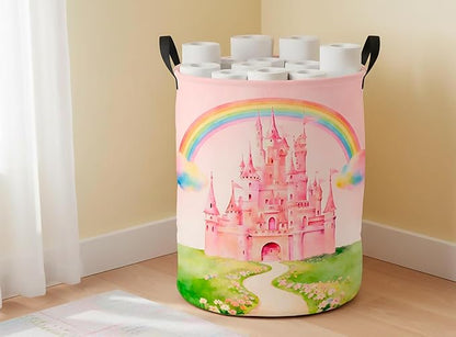 CLOCOR Large Laundry Basket,Waterproof Nursery Hamper,Collapsible Fabric Storage Container,Room Decor,Gift Basket（Pink Castle