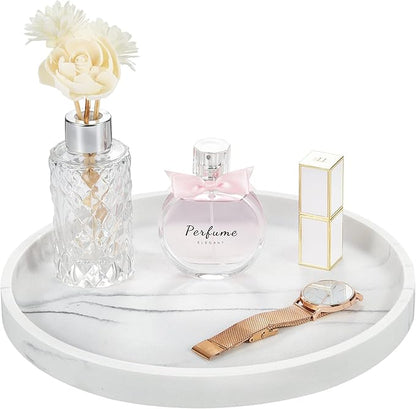 Emibele Vanity Tray, Resin Round Tray Decorative Storage Organizer for Bathroom Toilet Tank Bedroom Kitchen Countertop, Jewelry Storage Dresser Tray for Candle, Lotion Bottle, Cosmetics, Gravel White