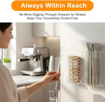 Acrylic Straw Holder for Cabinet Door, 2pcs Reusable Straw Organizer Storage with Sticky Adhesive Fits Both Short & Long Straws for Cabinet Kitchen Counter Cupboard Refrigerator