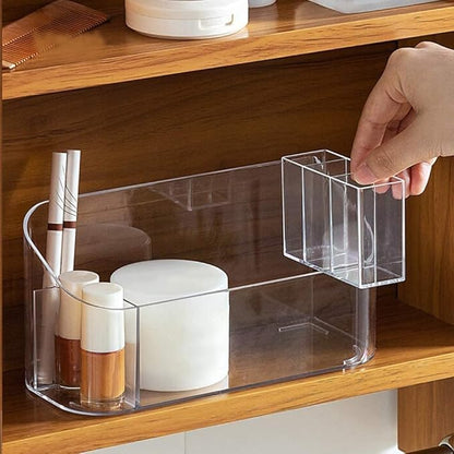 LINFIDITE Makeup Organizer Tray Bathroom Cabinet Cosmetic Storage with 9 Compartments 2 Removable Dividers Lipgloss Organizer Makeup Display Tray Case for Beauty Essentials Crystal Clear