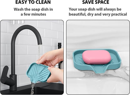Light Green Silicone Soap Dish Tray, Self-Draining Soap Holder for Bar Soap, Silicone Soap Tray with Drainage, Soap Dishes for Kitchen Counter